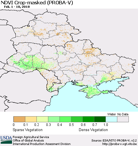 Ukraine, Moldova and Belarus NDVI Crop-masked (PROBA-V) Thematic Map For 2/1/2018 - 2/10/2018