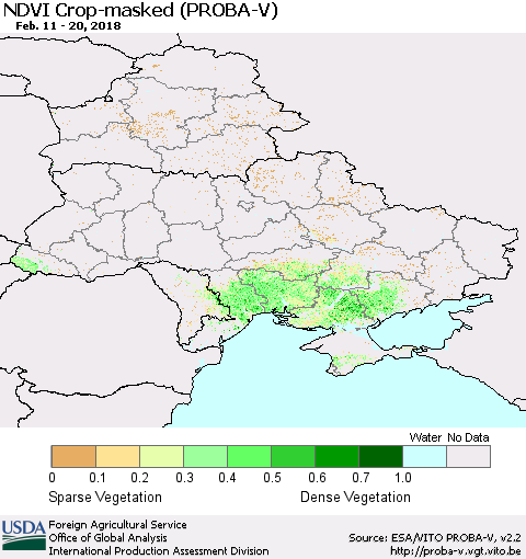 Ukraine, Moldova and Belarus NDVI Crop-masked (PROBA-V) Thematic Map For 2/11/2018 - 2/20/2018