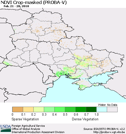 Ukraine, Moldova and Belarus NDVI Crop-masked (PROBA-V) Thematic Map For 2/21/2018 - 2/28/2018