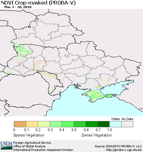Ukraine, Moldova and Belarus NDVI Crop-masked (PROBA-V) Thematic Map For 3/1/2018 - 3/10/2018