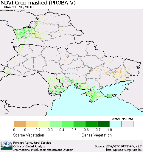 Ukraine, Moldova and Belarus NDVI Crop-masked (PROBA-V) Thematic Map For 3/11/2018 - 3/20/2018