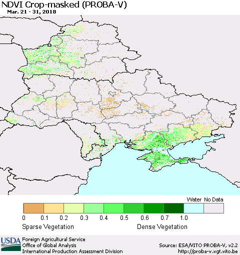 Ukraine, Moldova and Belarus NDVI Crop-masked (PROBA-V) Thematic Map For 3/21/2018 - 3/31/2018