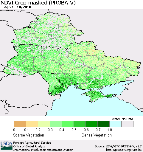 Ukraine, Moldova and Belarus NDVI Crop-masked (PROBA-V) Thematic Map For 4/1/2018 - 4/10/2018