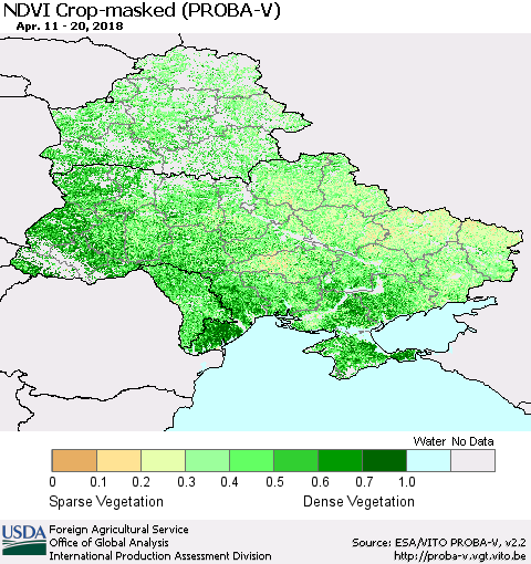 Ukraine, Moldova and Belarus NDVI Crop-masked (PROBA-V) Thematic Map For 4/11/2018 - 4/20/2018