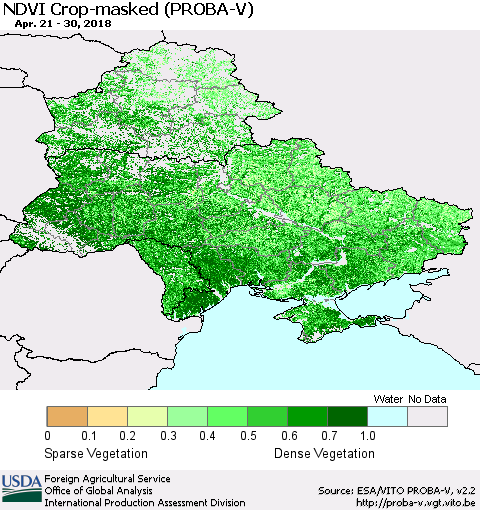 Ukraine, Moldova and Belarus NDVI Crop-masked (PROBA-V) Thematic Map For 4/21/2018 - 4/30/2018