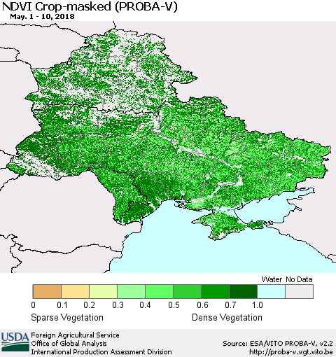 Ukraine, Moldova and Belarus NDVI Crop-masked (PROBA-V) Thematic Map For 5/1/2018 - 5/10/2018