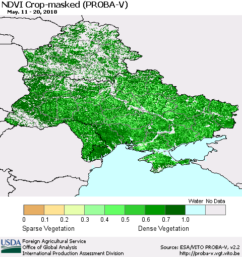 Ukraine, Moldova and Belarus NDVI Crop-masked (PROBA-V) Thematic Map For 5/11/2018 - 5/20/2018