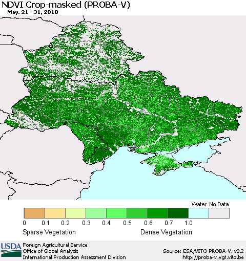 Ukraine, Moldova and Belarus NDVI Crop-masked (PROBA-V) Thematic Map For 5/21/2018 - 5/31/2018