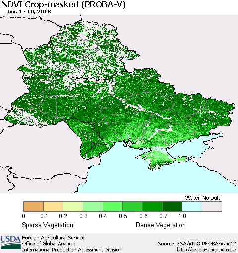 Ukraine, Moldova and Belarus NDVI Crop-masked (PROBA-V) Thematic Map For 6/1/2018 - 6/10/2018