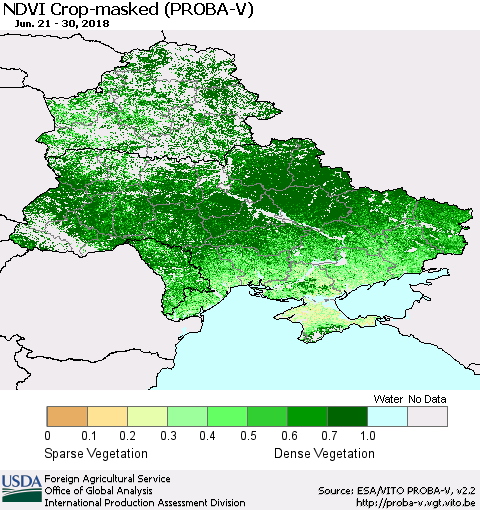 Ukraine, Moldova and Belarus NDVI Crop-masked (PROBA-V) Thematic Map For 6/21/2018 - 6/30/2018