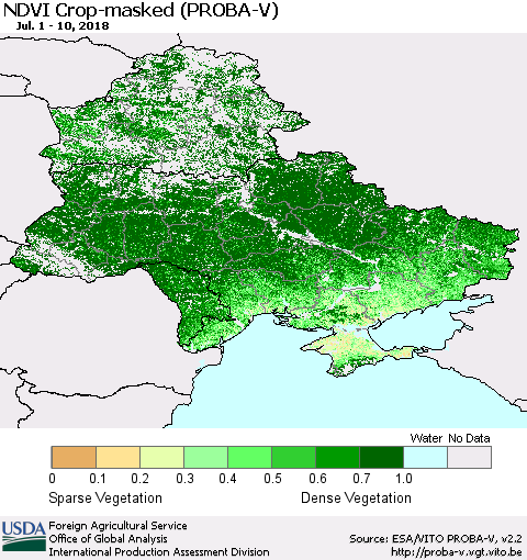 Ukraine, Moldova and Belarus NDVI Crop-masked (PROBA-V) Thematic Map For 7/1/2018 - 7/10/2018