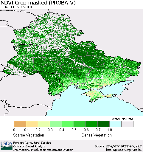 Ukraine, Moldova and Belarus NDVI Crop-masked (PROBA-V) Thematic Map For 7/11/2018 - 7/20/2018