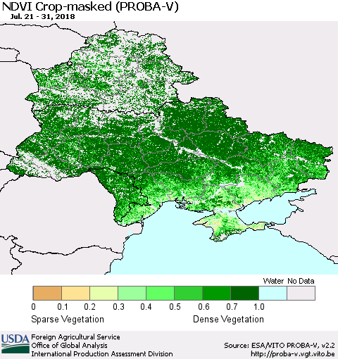 Ukraine, Moldova and Belarus NDVI Crop-masked (PROBA-V) Thematic Map For 7/21/2018 - 7/31/2018
