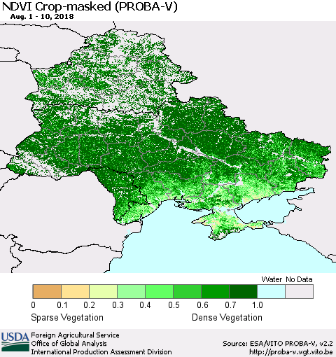 Ukraine, Moldova and Belarus NDVI Crop-masked (PROBA-V) Thematic Map For 8/1/2018 - 8/10/2018