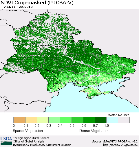 Ukraine, Moldova and Belarus NDVI Crop-masked (PROBA-V) Thematic Map For 8/11/2018 - 8/20/2018
