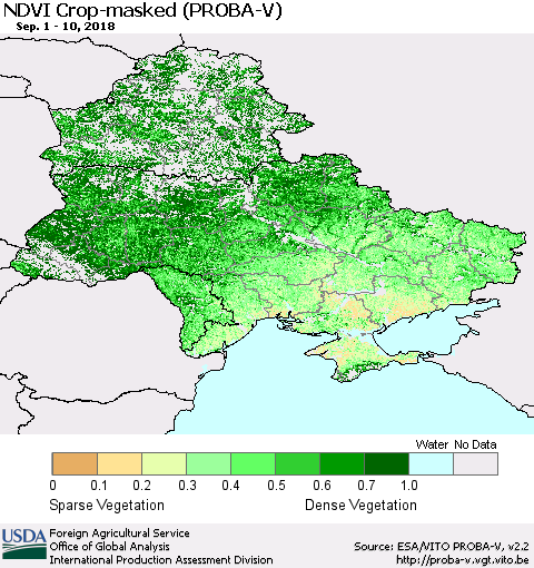 Ukraine, Moldova and Belarus NDVI Crop-masked (PROBA-V) Thematic Map For 9/1/2018 - 9/10/2018