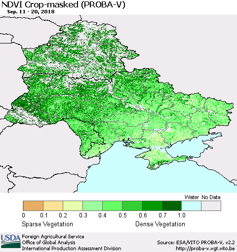 Ukraine, Moldova and Belarus NDVI Crop-masked (PROBA-V) Thematic Map For 9/11/2018 - 9/20/2018