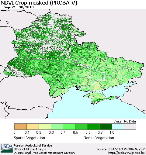 Ukraine, Moldova and Belarus NDVI Crop-masked (PROBA-V) Thematic Map For 9/21/2018 - 9/30/2018