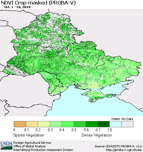 Ukraine, Moldova and Belarus NDVI Crop-masked (PROBA-V) Thematic Map For 10/1/2018 - 10/10/2018