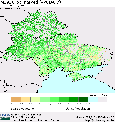 Ukraine, Moldova and Belarus NDVI Crop-masked (PROBA-V) Thematic Map For 10/21/2018 - 10/31/2018