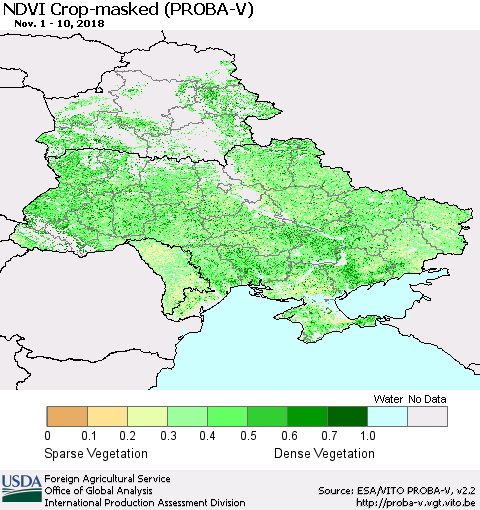 Ukraine, Moldova and Belarus NDVI Crop-masked (PROBA-V) Thematic Map For 11/1/2018 - 11/10/2018