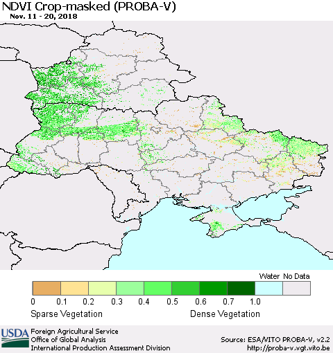 Ukraine, Moldova and Belarus NDVI Crop-masked (PROBA-V) Thematic Map For 11/11/2018 - 11/20/2018