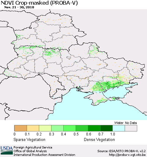 Ukraine, Moldova and Belarus NDVI Crop-masked (PROBA-V) Thematic Map For 11/21/2018 - 11/30/2018