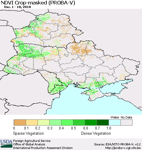 Ukraine, Moldova and Belarus NDVI Crop-masked (PROBA-V) Thematic Map For 12/1/2018 - 12/10/2018
