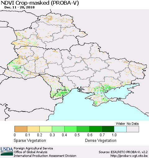 Ukraine, Moldova and Belarus NDVI Crop-masked (PROBA-V) Thematic Map For 12/11/2018 - 12/20/2018