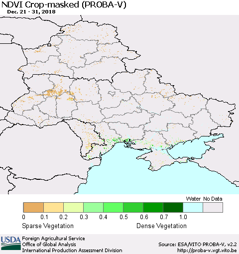 Ukraine, Moldova and Belarus NDVI Crop-masked (PROBA-V) Thematic Map For 12/21/2018 - 12/31/2018