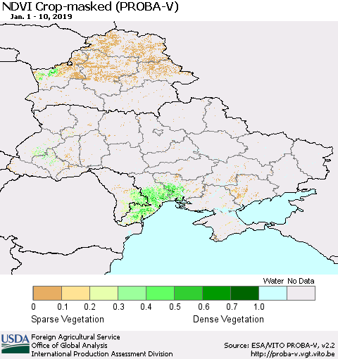 Ukraine, Moldova and Belarus NDVI Crop-masked (PROBA-V) Thematic Map For 1/1/2019 - 1/10/2019