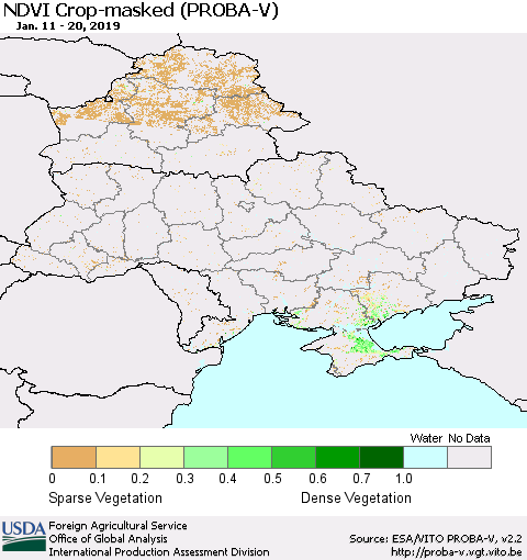 Ukraine, Moldova and Belarus NDVI Crop-masked (PROBA-V) Thematic Map For 1/11/2019 - 1/20/2019