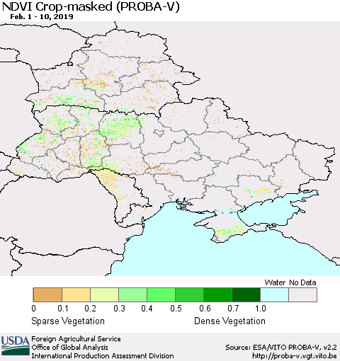 Ukraine, Moldova and Belarus NDVI Crop-masked (PROBA-V) Thematic Map For 2/1/2019 - 2/10/2019
