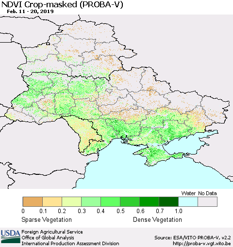 Ukraine, Moldova and Belarus NDVI Crop-masked (PROBA-V) Thematic Map For 2/11/2019 - 2/20/2019