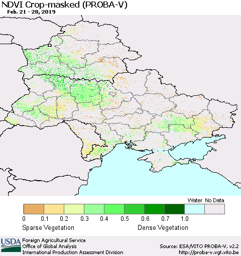 Ukraine, Moldova and Belarus NDVI Crop-masked (PROBA-V) Thematic Map For 2/21/2019 - 2/28/2019