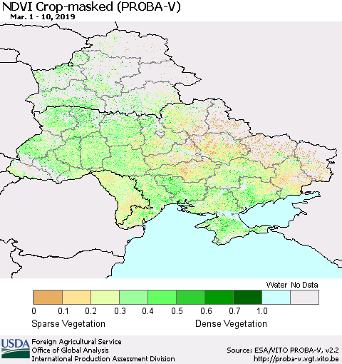 Ukraine, Moldova and Belarus NDVI Crop-masked (PROBA-V) Thematic Map For 3/1/2019 - 3/10/2019