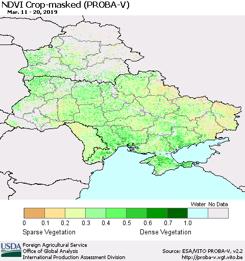 Ukraine, Moldova and Belarus NDVI Crop-masked (PROBA-V) Thematic Map For 3/11/2019 - 3/20/2019