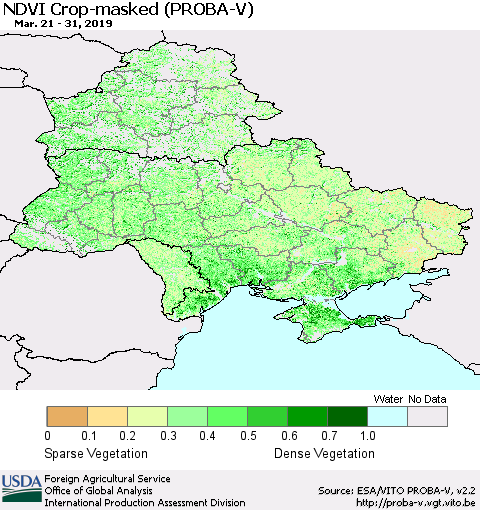 Ukraine, Moldova and Belarus NDVI Crop-masked (PROBA-V) Thematic Map For 3/21/2019 - 3/31/2019