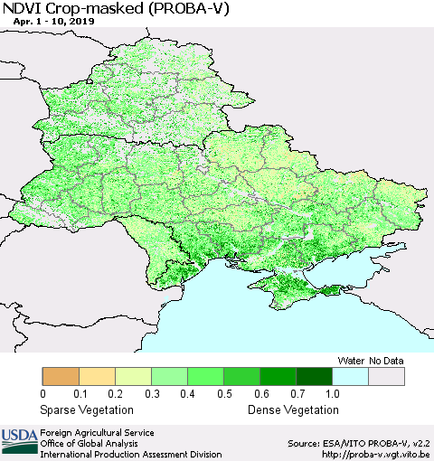 Ukraine, Moldova and Belarus NDVI Crop-masked (PROBA-V) Thematic Map For 4/1/2019 - 4/10/2019