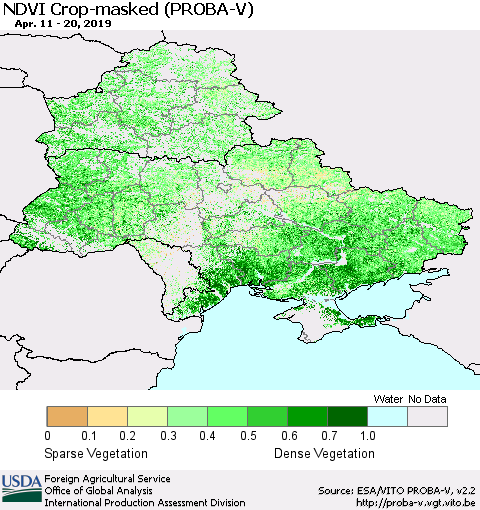 Ukraine, Moldova and Belarus NDVI Crop-masked (PROBA-V) Thematic Map For 4/11/2019 - 4/20/2019