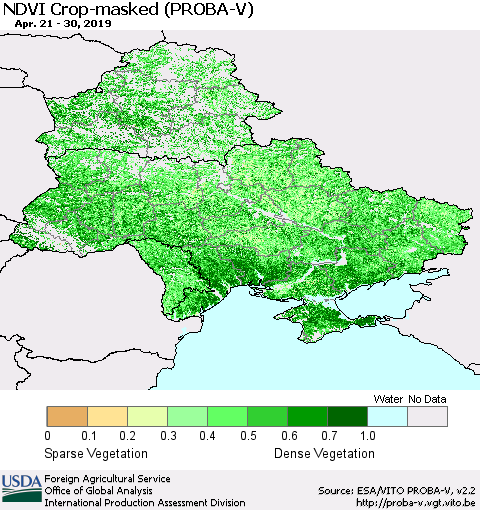 Ukraine, Moldova and Belarus NDVI Crop-masked (PROBA-V) Thematic Map For 4/21/2019 - 4/30/2019