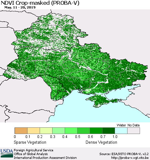 Ukraine, Moldova and Belarus NDVI Crop-masked (PROBA-V) Thematic Map For 5/11/2019 - 5/20/2019