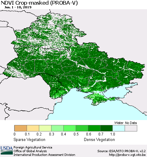 Ukraine, Moldova and Belarus NDVI Crop-masked (PROBA-V) Thematic Map For 6/1/2019 - 6/10/2019