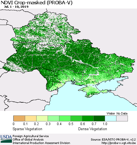 Ukraine, Moldova and Belarus NDVI Crop-masked (PROBA-V) Thematic Map For 7/1/2019 - 7/10/2019
