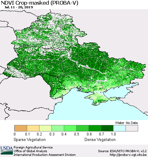 Ukraine, Moldova and Belarus NDVI Crop-masked (PROBA-V) Thematic Map For 7/11/2019 - 7/20/2019