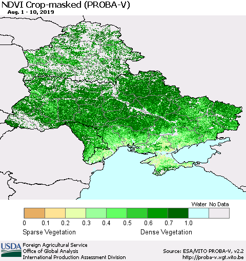 Ukraine, Moldova and Belarus NDVI Crop-masked (PROBA-V) Thematic Map For 8/1/2019 - 8/10/2019