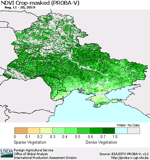 Ukraine, Moldova and Belarus NDVI Crop-masked (PROBA-V) Thematic Map For 8/11/2019 - 8/20/2019