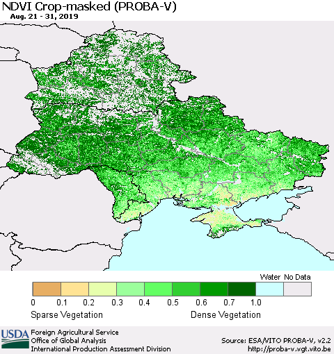Ukraine, Moldova and Belarus NDVI Crop-masked (PROBA-V) Thematic Map For 8/21/2019 - 8/31/2019