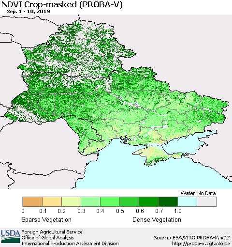 Ukraine, Moldova and Belarus NDVI Crop-masked (PROBA-V) Thematic Map For 9/1/2019 - 9/10/2019