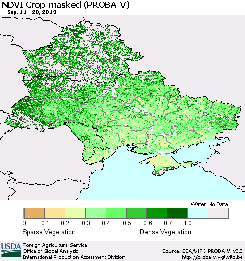 Ukraine, Moldova and Belarus NDVI Crop-masked (PROBA-V) Thematic Map For 9/11/2019 - 9/20/2019